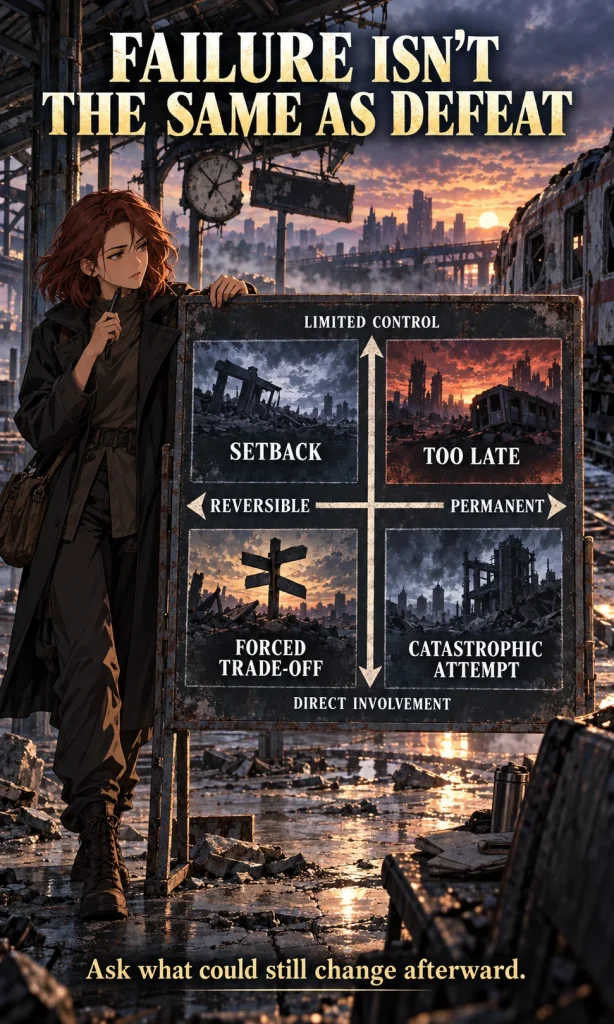 Anime-inspired comparison matrix separating permanent heroic losses from reversible rescue failures