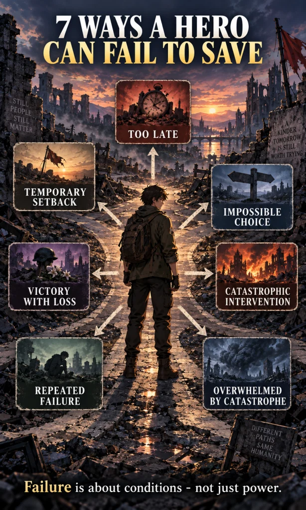 Anime-inspired decision diagram showing seven distinct ways a hero can fail to save someone