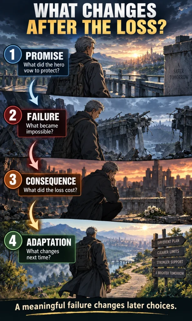 Anime-inspired narrative sequence showing promise, failure, consequence and adaptation after a hero cannot save everyone