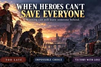 Original anime-inspired heroes facing a damaged city horizon with a split visual between victory and personal loss