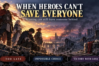 Original anime-inspired heroes facing a damaged city horizon with a split visual between victory and personal loss