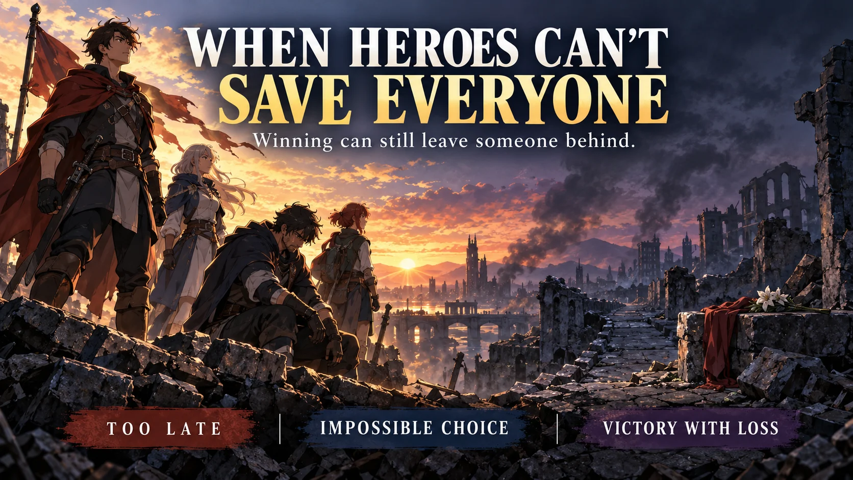 Original anime-inspired heroes facing a damaged city horizon with a split visual between victory and personal loss