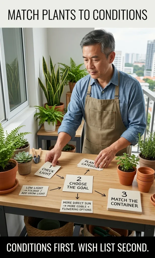 Apartment gardening decision path matching light level, growing goal and container setup
