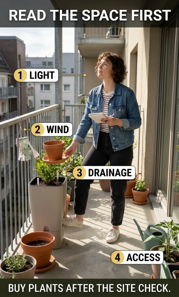 Apartment gardener checking direct light, wind, drainage and access before placing plants