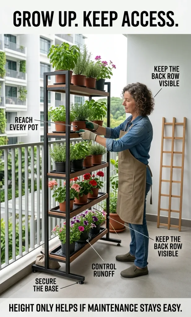 Vertical apartment garden with reachable shelves, secure pots and controlled runoff