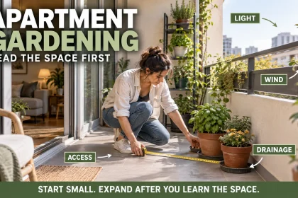 Apartment gardener arranging containers by light, wind and drainage conditions on a compact balcony