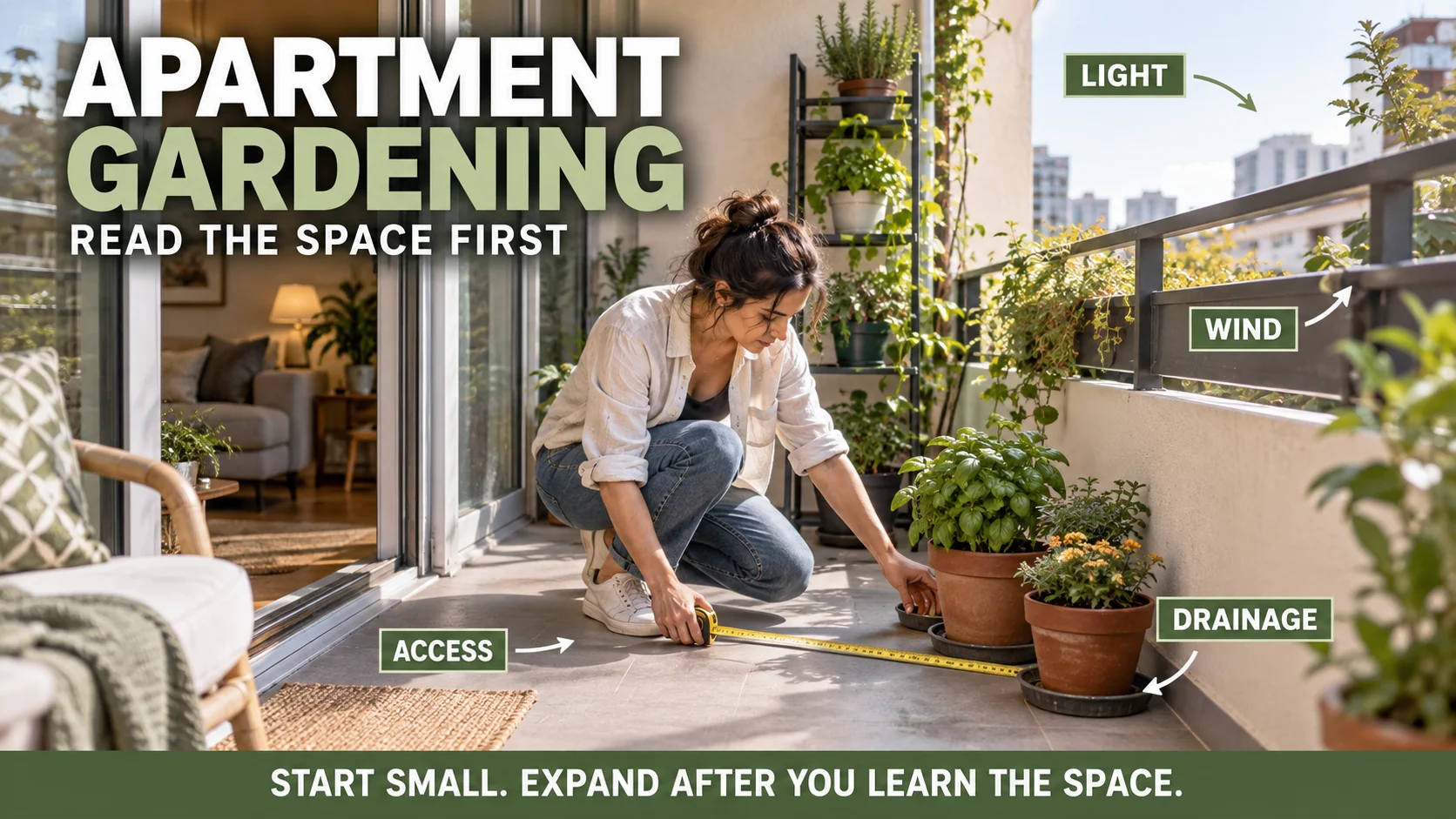 Apartment gardener arranging containers by light, wind and drainage conditions on a compact balcony