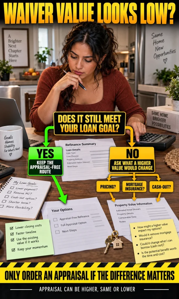 Homeowner checking whether a lower automated property value still supports the refinance before deciding whether to keep the waiver or discuss ordering a full appraisal.