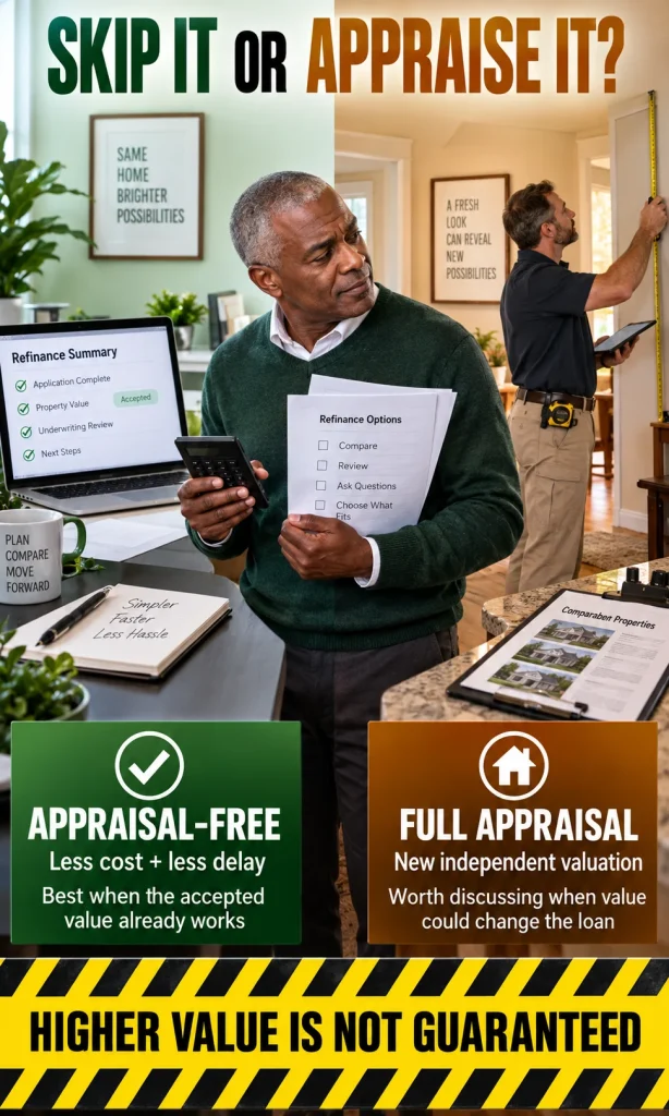 Homeowner comparing an accepted automated refinance value with a full property appraisal to decide whether the higher-cost appraisal could materially improve the loan.