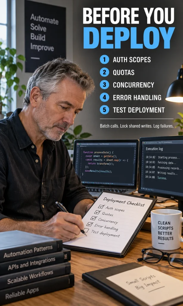 Developer reviewing Apps Script deployment checklist for authorization scopes, quotas, concurrency, error handling and testing.