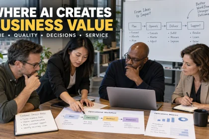 Business team evaluating how artificial intelligence can improve time, quality, decisions and customer service.
