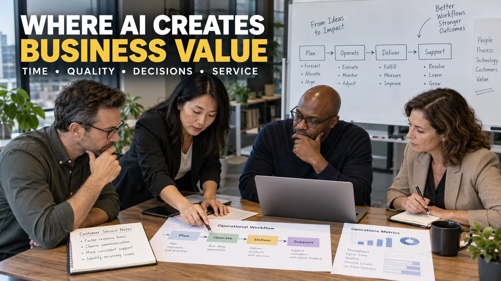 Business team evaluating how artificial intelligence can improve time, quality, decisions and customer service.