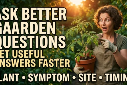 Gardener examining a struggling plant beside a bold checklist for plant, symptom, site, and timing details