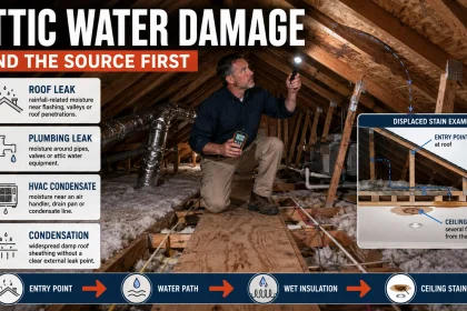 Inspector tracing attic water damage from a roof or equipment source through wet insulation toward a ceiling stain.
