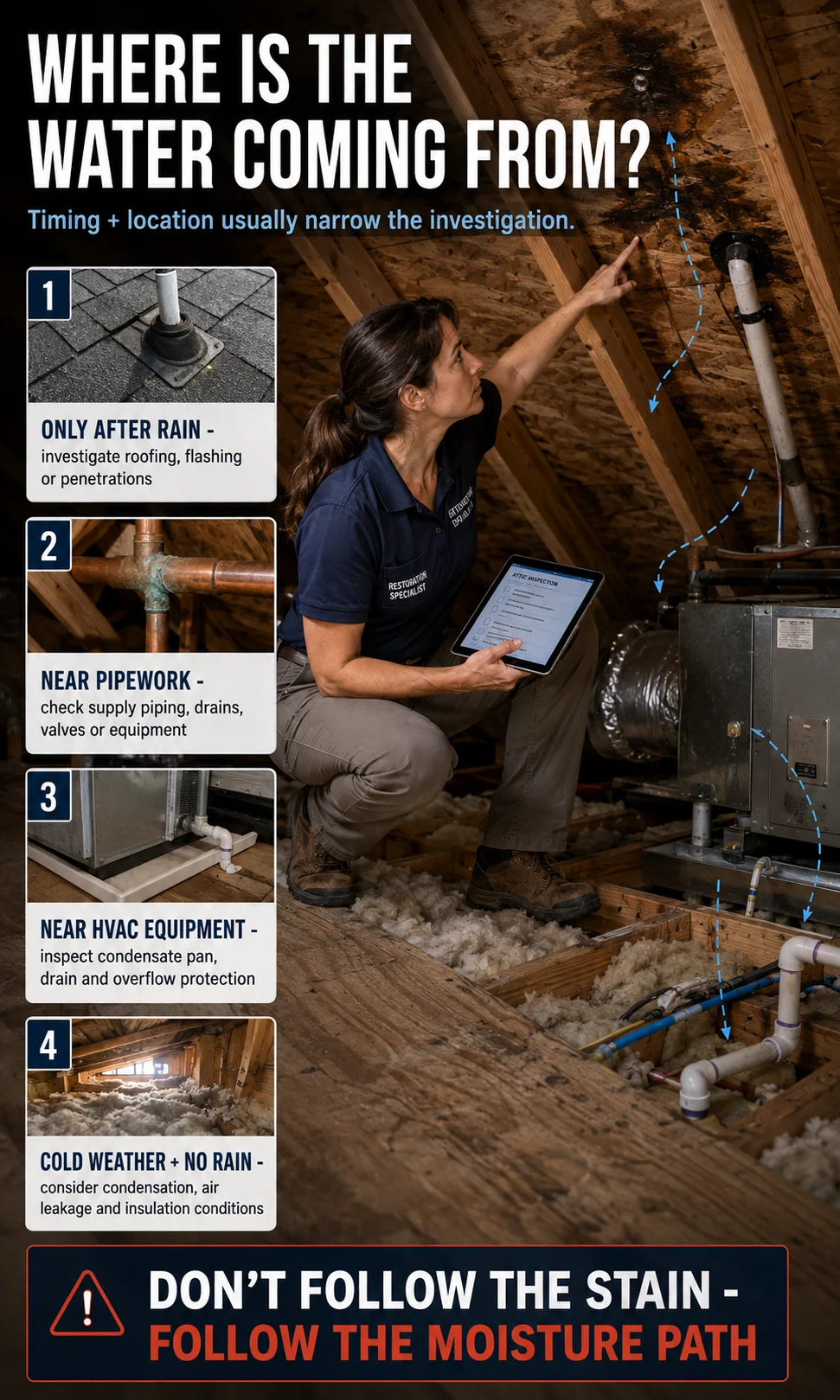 Female restoration specialist comparing attic moisture patterns caused by roof leaks, plumbing, HVAC condensate and condensation.