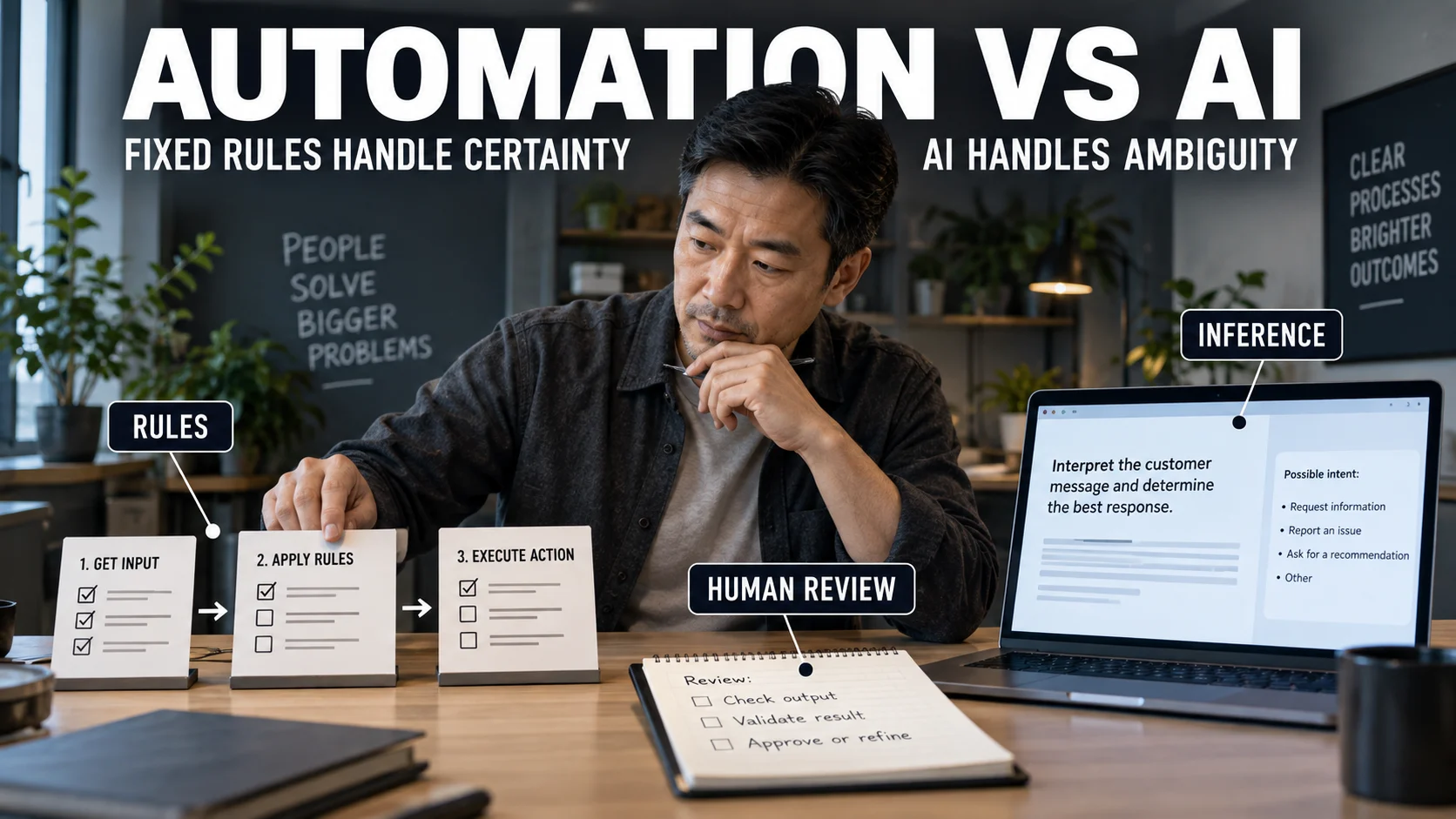 Professional comparing a fixed automation workflow with an AI-assisted decision step in one controlled business process