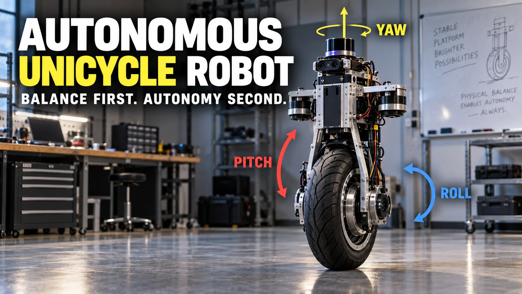 Autonomous single-wheel robot balancing in a robotics lab with callouts for pitch, roll, and yaw and a control-first headline.