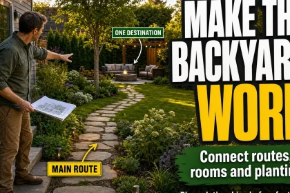 Homeowner studies a backyard layout where a clear path connects the house to a main outdoor destination, with planting used to define garden rooms.