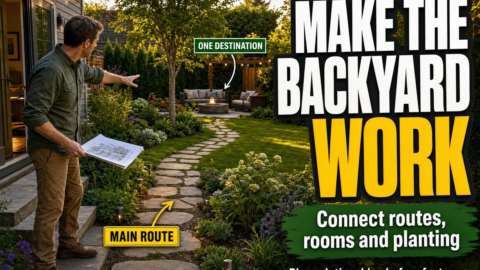 Homeowner studies a backyard layout where a clear path connects the house to a main outdoor destination, with planting used to define garden rooms.