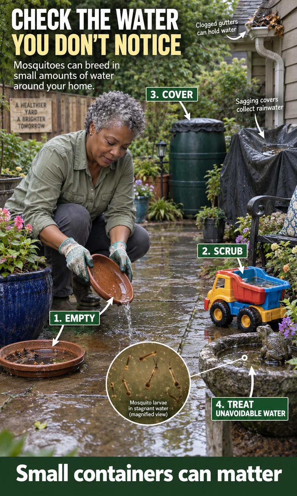 Backyard mosquito inspection showing water collected in a plant saucer, toy, gutter and tarp with instructions to empty, cover or treat unavoidable water.