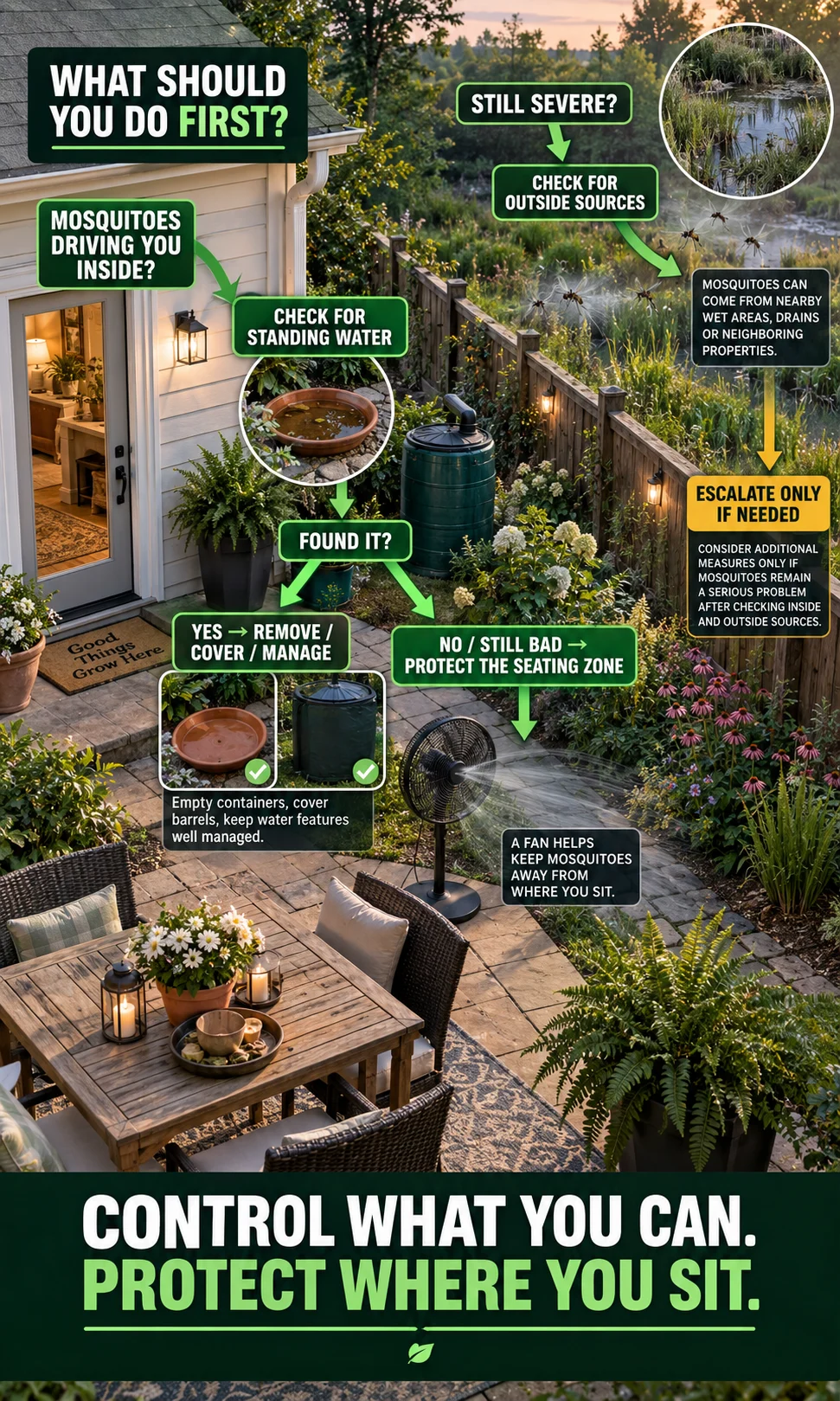 Backyard mosquito decision path beginning with standing-water inspection and branching to source control, occupied-zone protection and professional assessment.