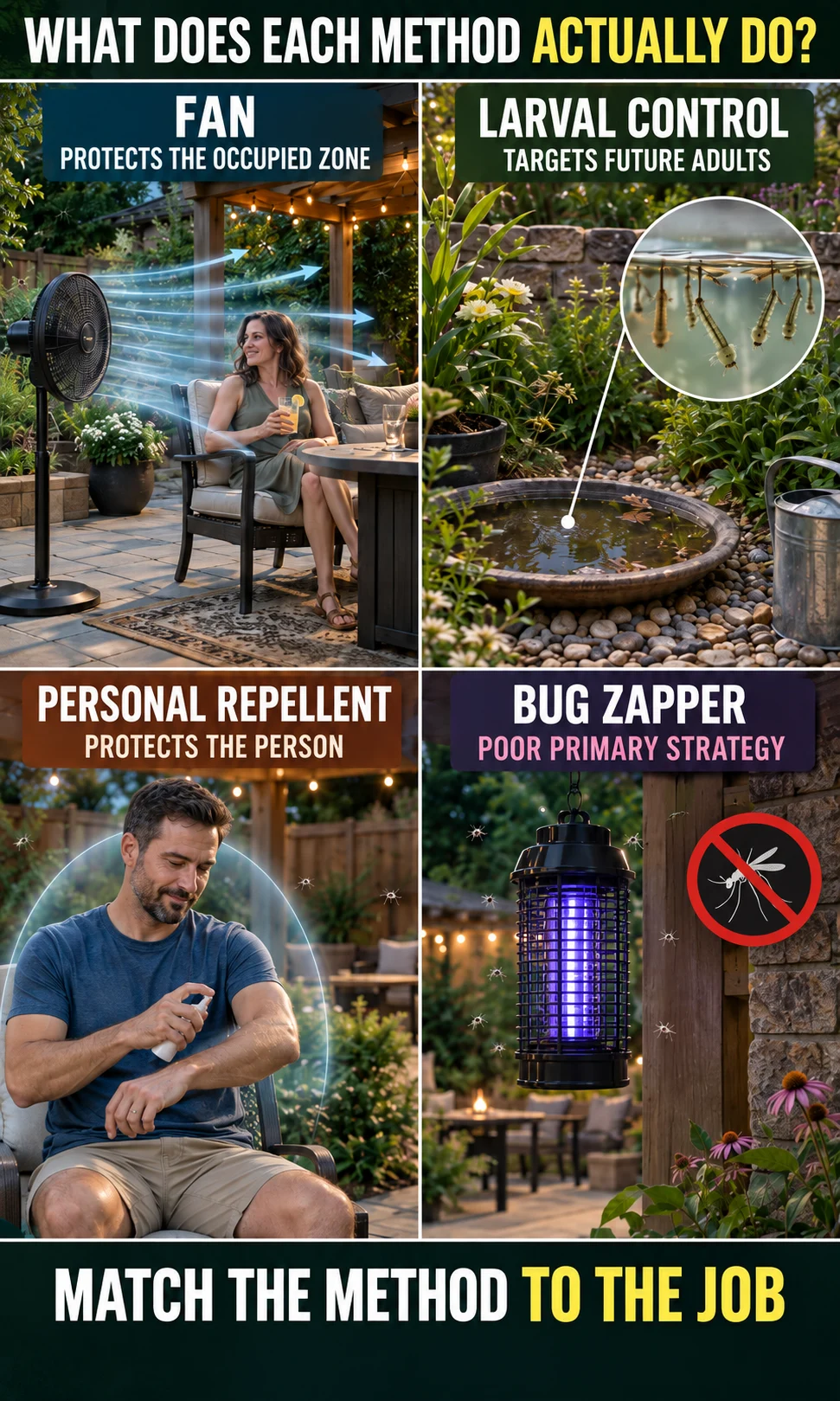 Comparison showing a fan protecting seated people, larvicide controlling larvae in standing water, personal repellent protecting a person and a bug zapper marked as poor primary control.