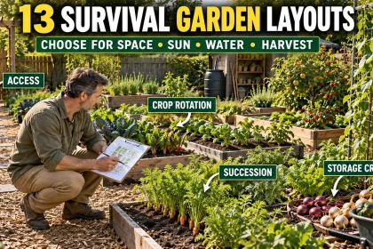Gardener reviewing a productive raised-bed backyard layout with callouts for access, crop rotation, succession planting, and storage crops.