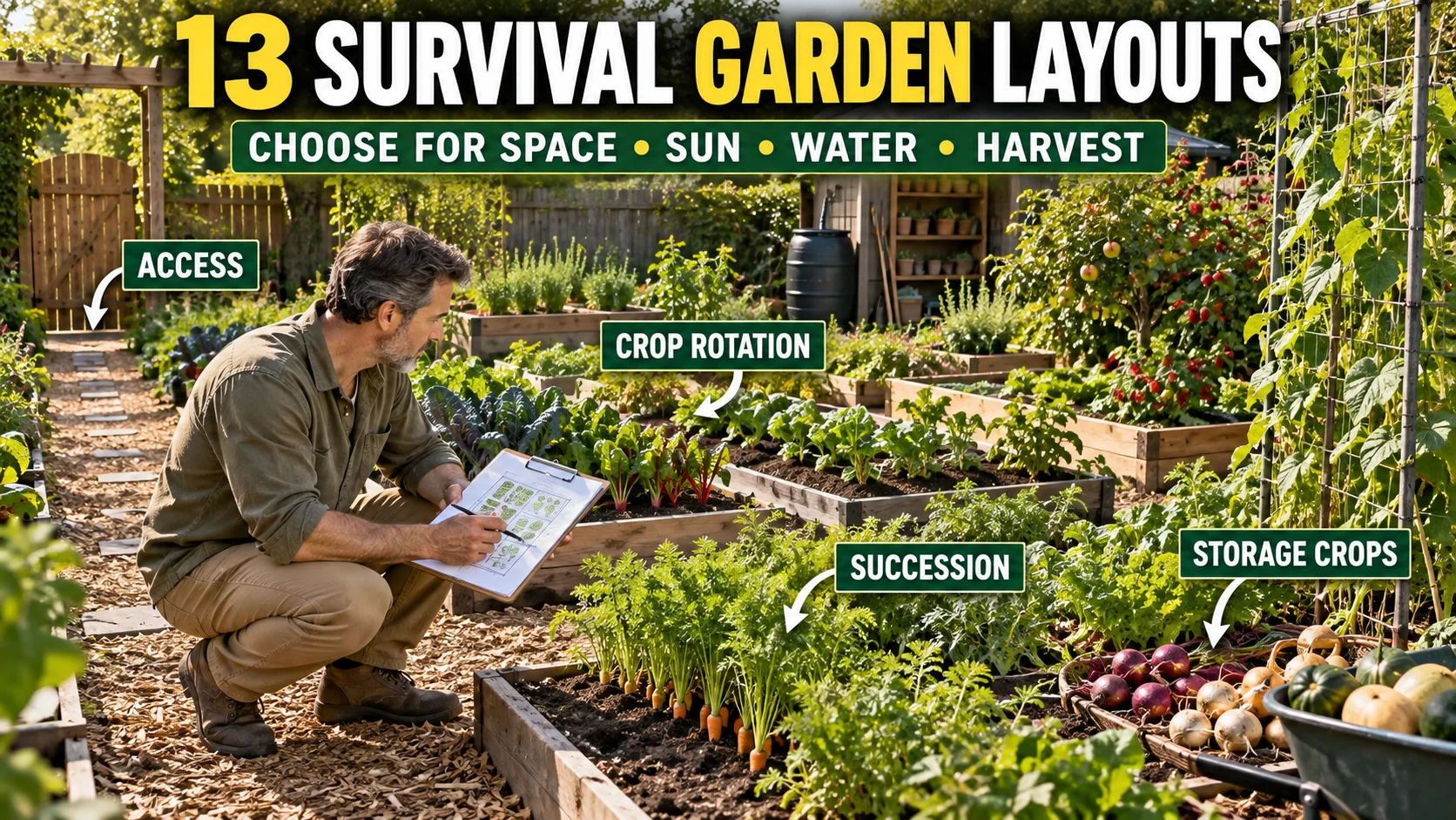 Gardener reviewing a productive raised-bed backyard layout with callouts for access, crop rotation, succession planting, and storage crops.