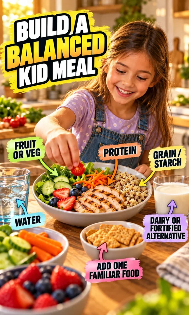School-age child assembling a meal with fruit or vegetables, protein, grain or starch, dairy or fortified alternative, water, and one familiar food.