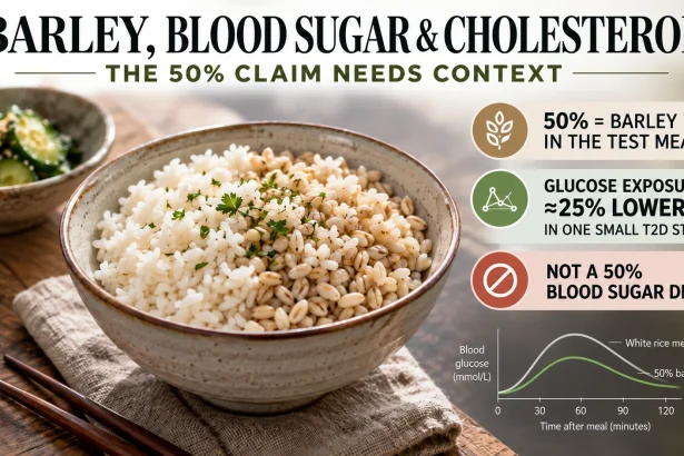High-beta-glucan barley and white rice with a visual correction explaining that 50 percent referred to the barley meal mix, not a 50 percent blood sugar drop