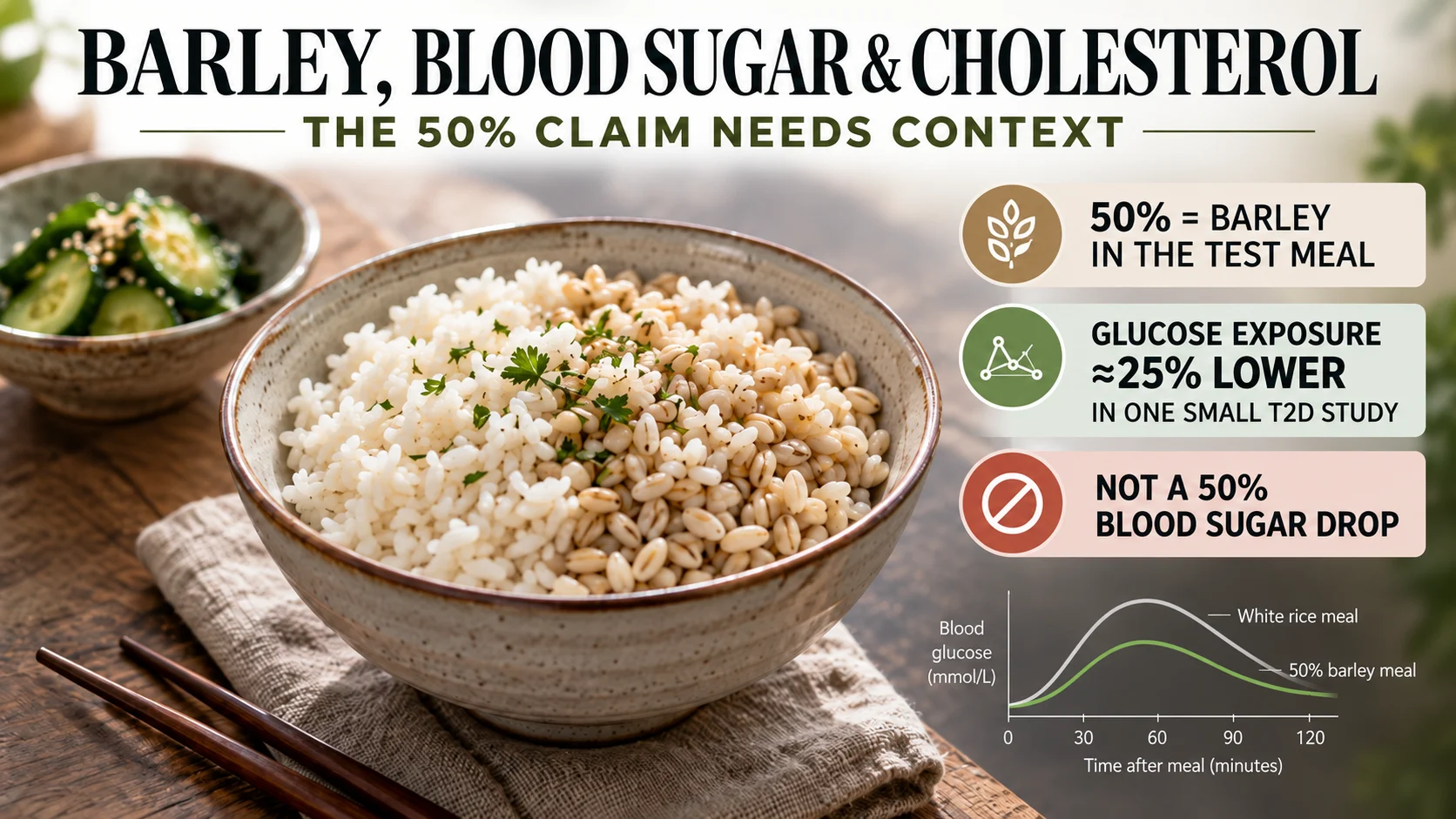 High-beta-glucan barley and white rice with a visual correction explaining that 50 percent referred to the barley meal mix, not a 50 percent blood sugar drop