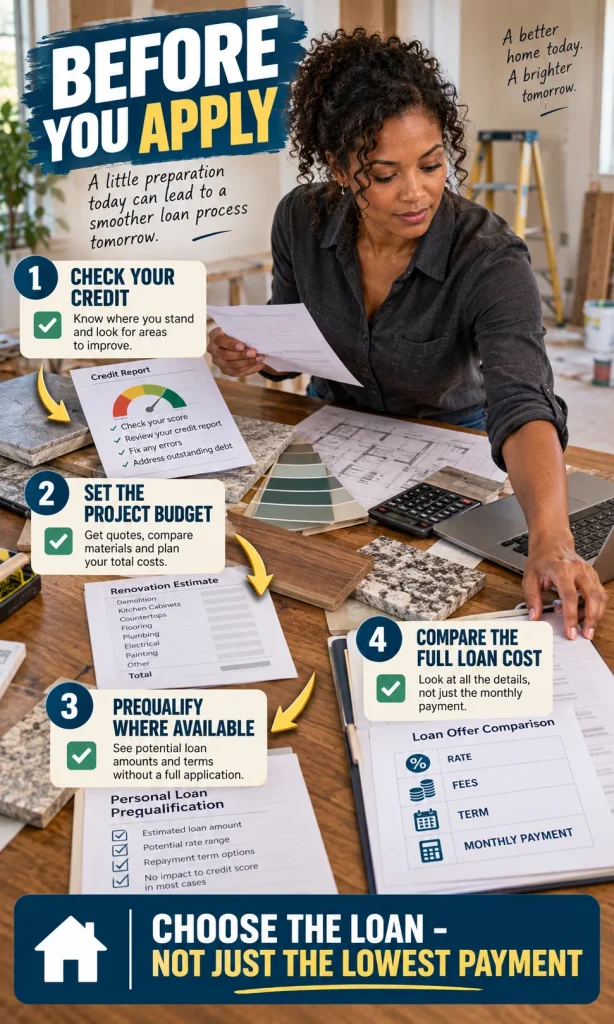 Four-step home improvement personal loan preparation process from checking credit through comparing loan offers.