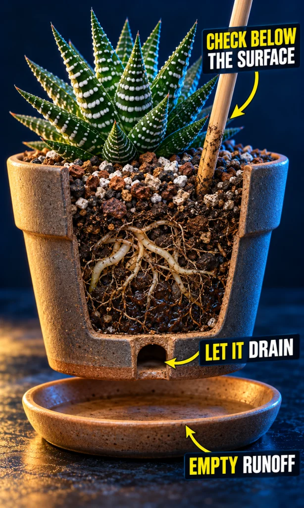 Finger or wooden probe checking moisture below succulent soil surface, with drainage hole and emptied saucer visible
