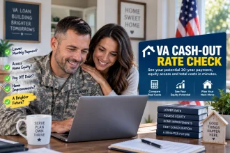Homeowner comparing two VA cash-out refinance quote sheets with rate, APR, points and fees highlighted.