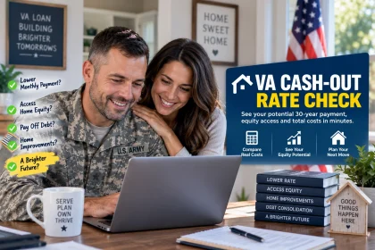 Homeowner comparing two VA cash-out refinance quote sheets with rate, APR, points and fees highlighted.