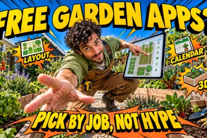 Gardener using a tablet in a raised-bed garden with layout, calendar and 3D planning choices highlighted