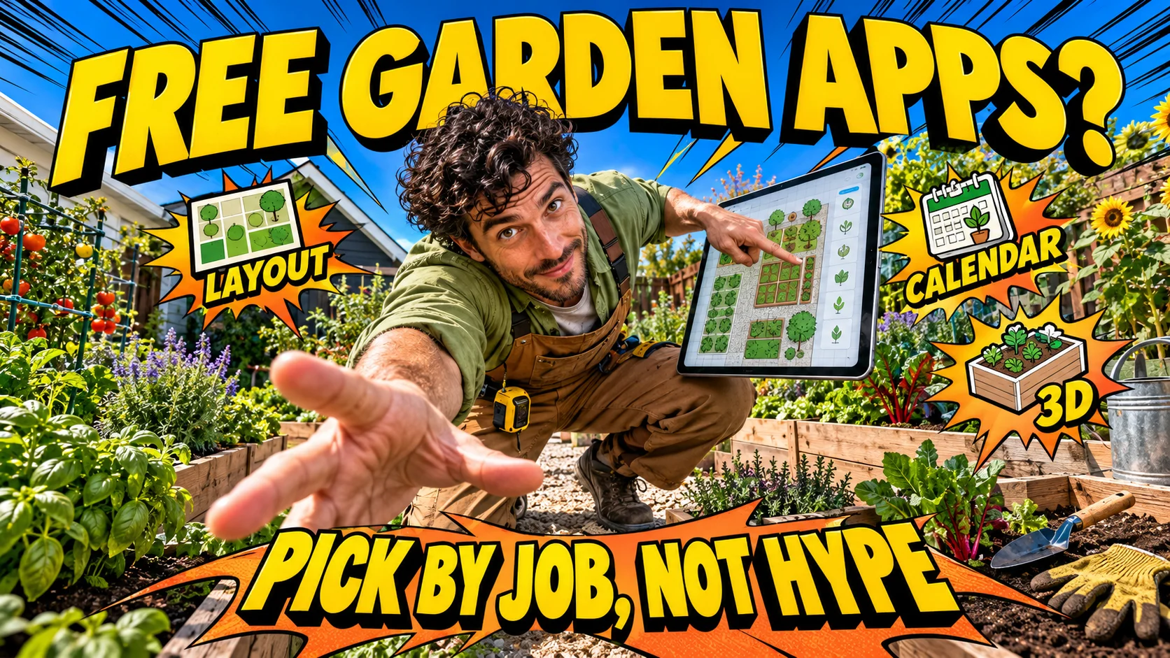 Gardener using a tablet in a raised-bed garden with layout, calendar and 3D planning choices highlighted