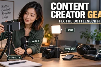 Content creator adjusting a phone rig beside a microphone, light, camera, storage drive and power bank labeled as key creator gear categories.
