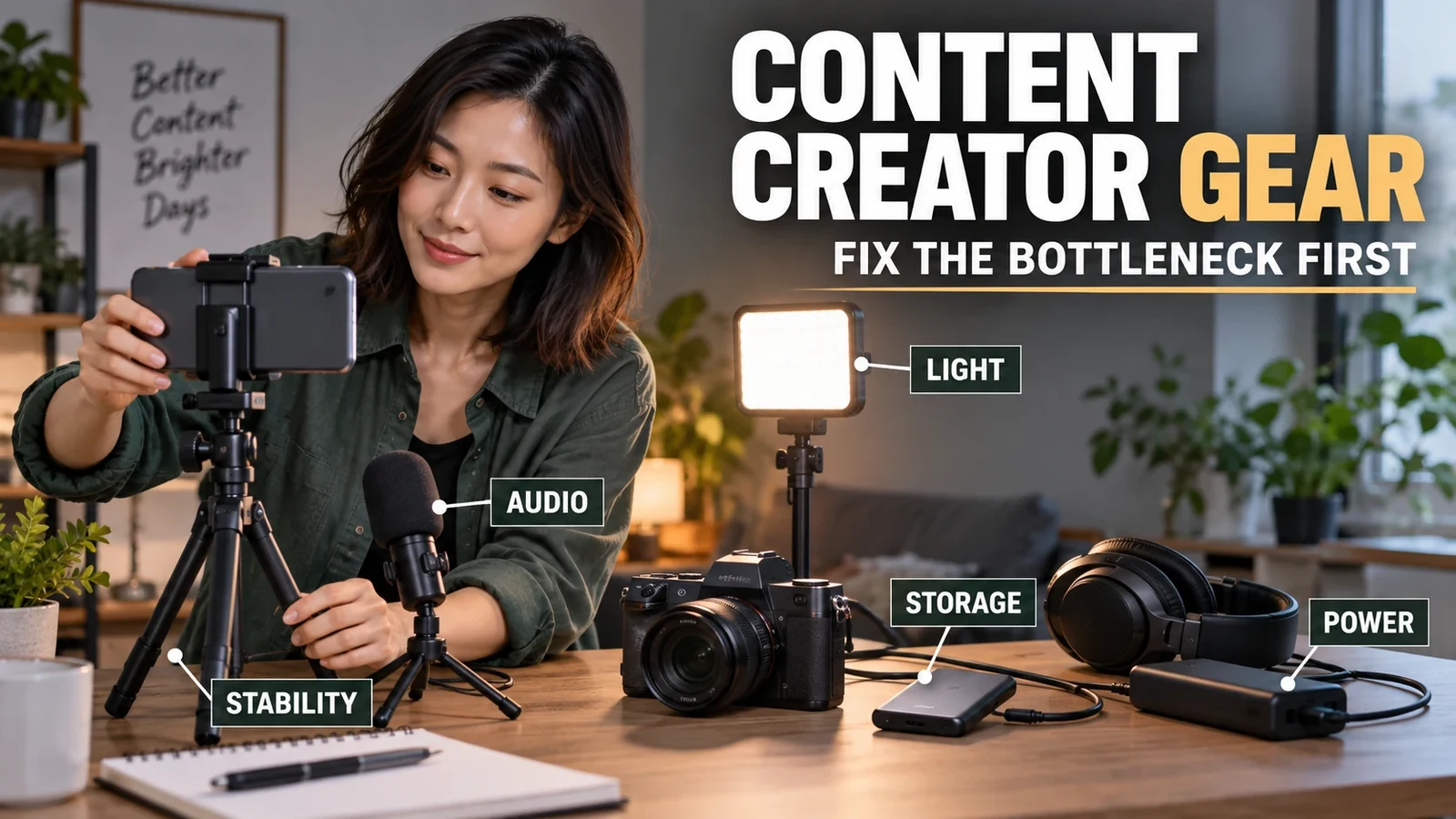 Content creator adjusting a phone rig beside a microphone, light, camera, storage drive and power bank labeled as key creator gear categories.
