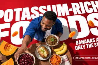 Top-down editorial food scene comparing a banana with lentils, a baked potato, dried apricots and other potassium-rich foods