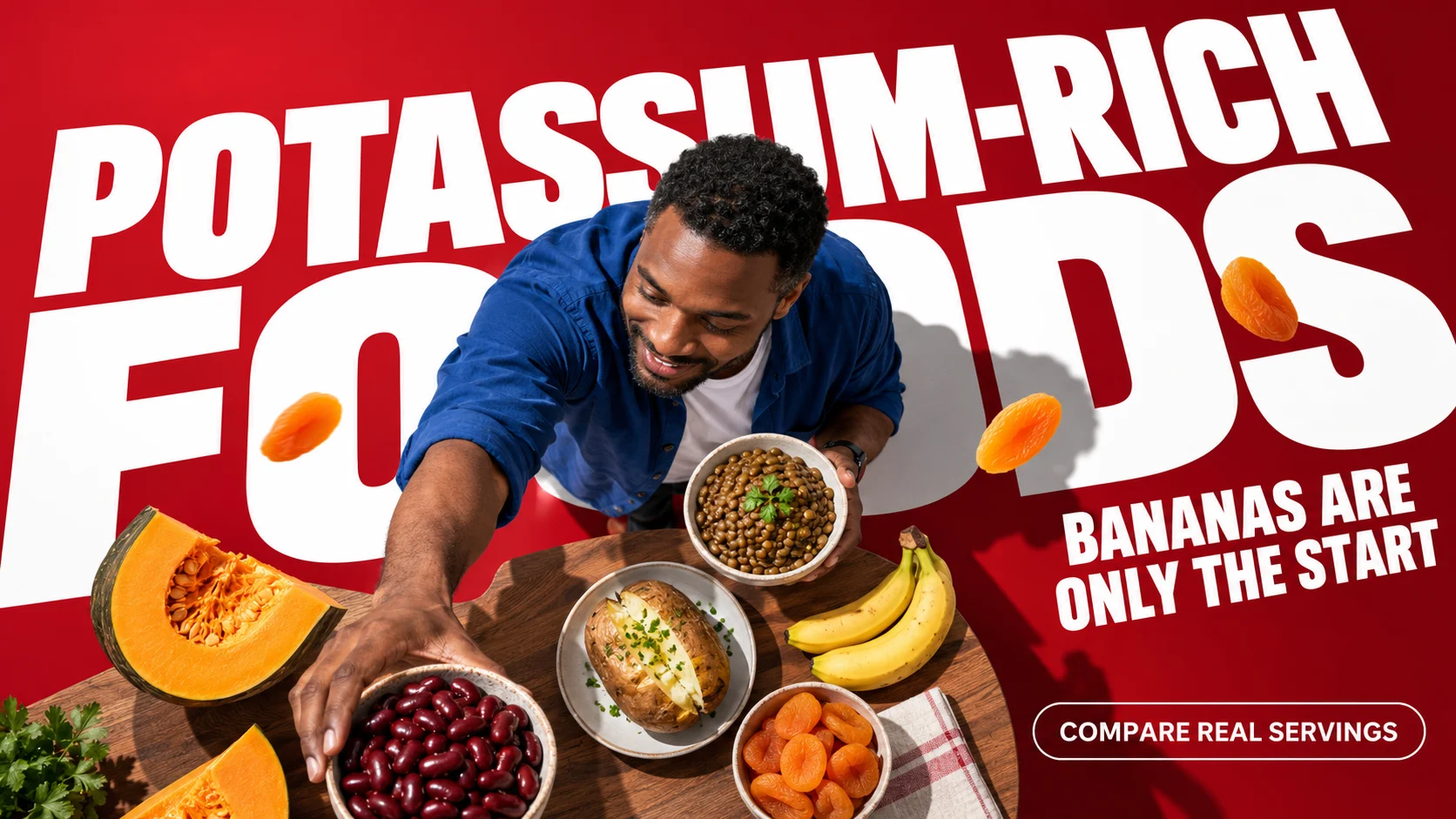 Top-down editorial food scene comparing a banana with lentils, a baked potato, dried apricots and other potassium-rich foods