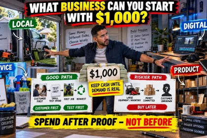 Beginner entrepreneur comparing service, product, local and digital businesses while protecting most of a $1,000 startup budget until customer demand is proven.