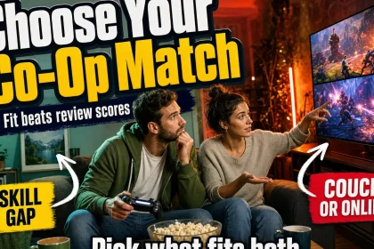 A couple choosing a cooperative video game together, with visual cues about skill gap and couch or online play.
