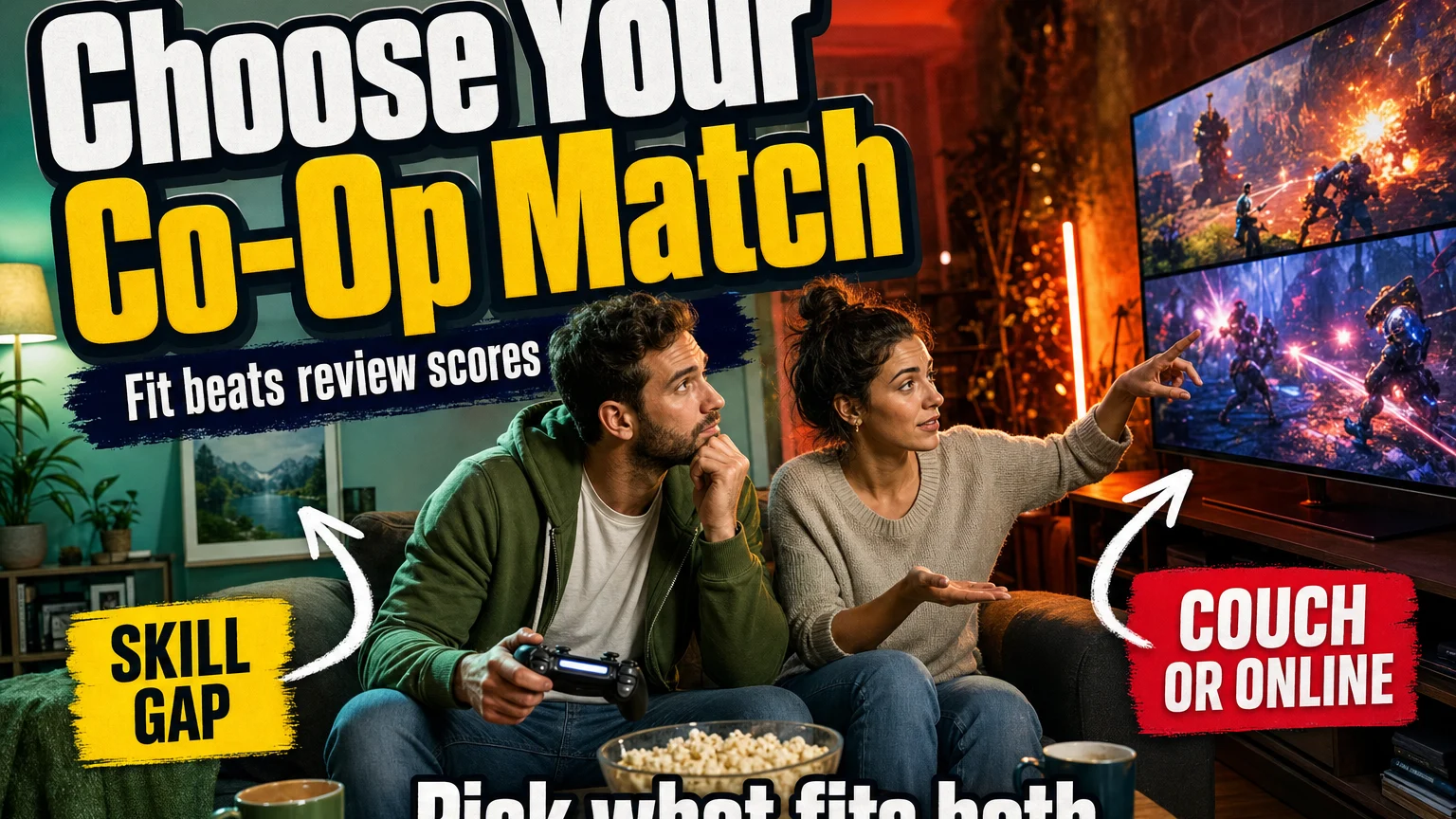 A couple choosing a cooperative video game together, with visual cues about skill gap and couch or online play.
