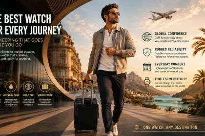 Traveler walking through an international airport with a GMT watch and suitcase as different travel destinations blend around him.