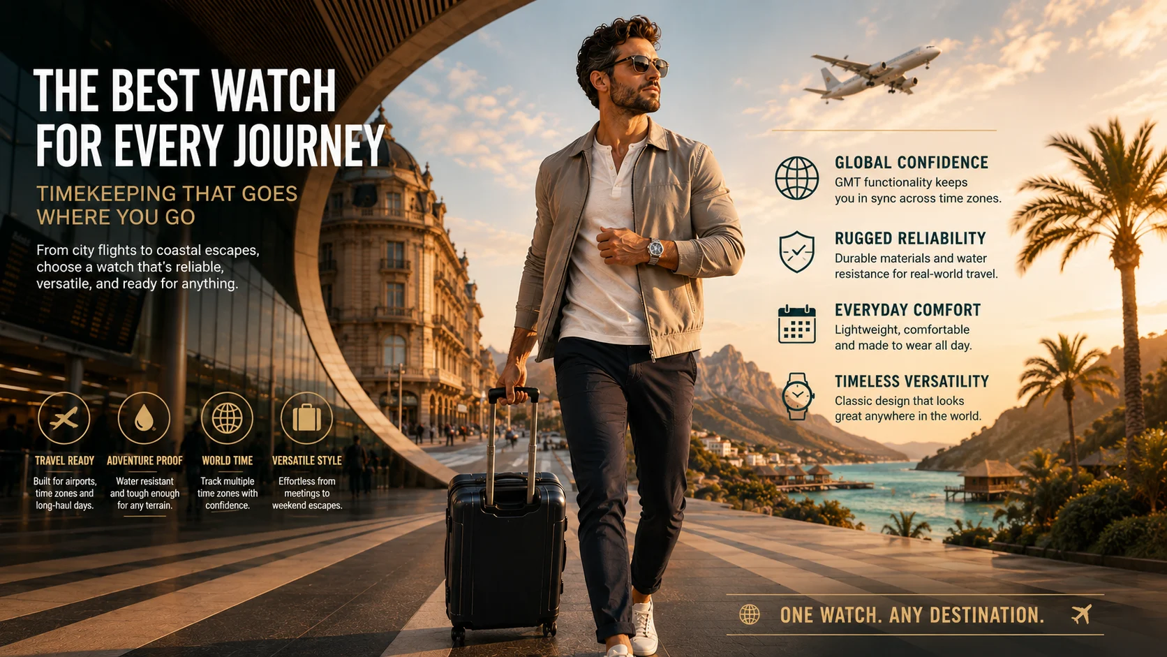 Traveler walking through an international airport with a GMT watch and suitcase as different travel destinations blend around him.
