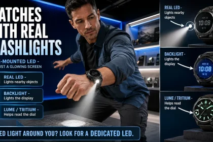Man testing a watch with a real case-mounted LED flashlight while comparison labels distinguish flashlight, backlight, and lume.