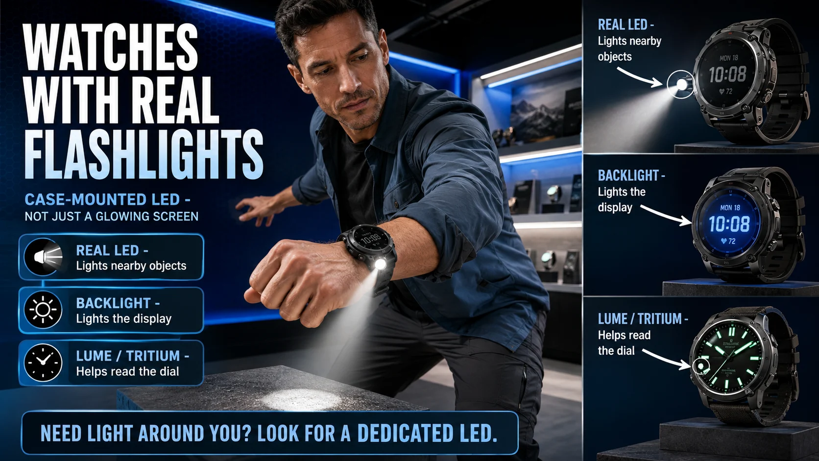 Man testing a watch with a real case-mounted LED flashlight while comparison labels distinguish flashlight, backlight, and lume.