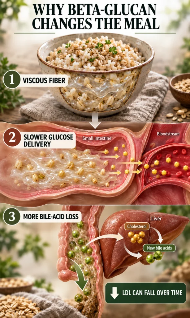Mechanism diagram showing beta-glucan forming a viscous fiber matrix that slows glucose absorption and supports bile-acid loss linked with lower LDL cholesterol