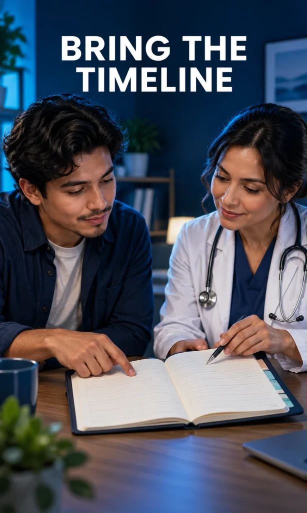 Young adult and clinician reviewing a blank journal together.